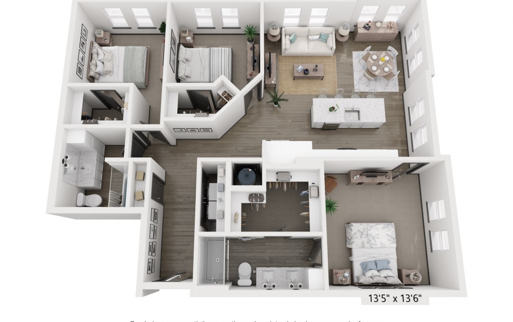 C1 - 3 bedroom floorplan layout with 2 baths and 1372 square feet.